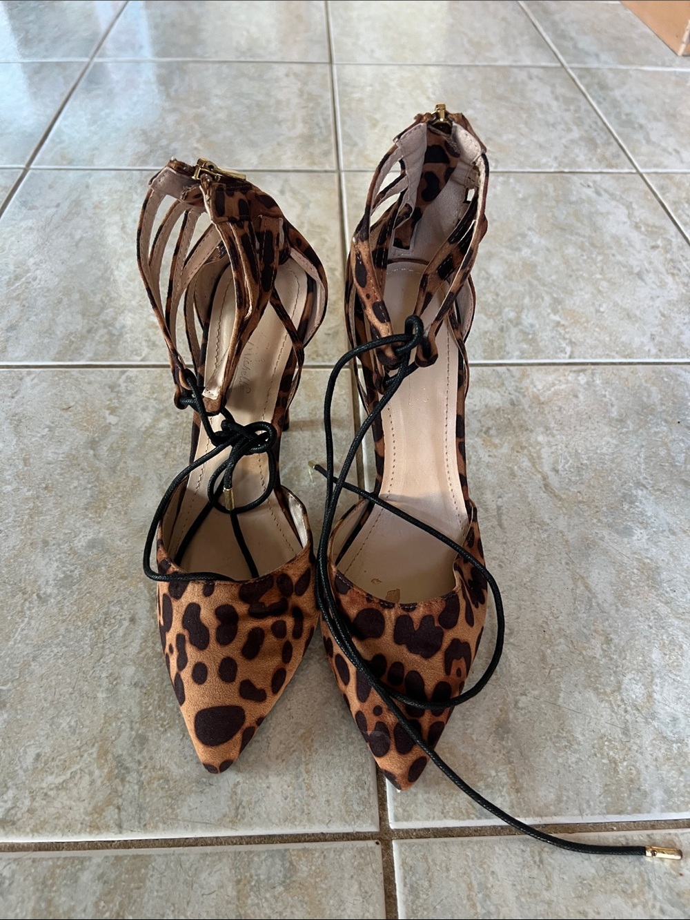 Anne Michelle Leopard-Print Pointed Lace-Up Heels - Brown & Black